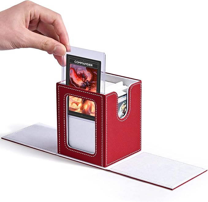 ZLCA MTG Deck Box with Commander Window Display, Trading Card Storage Box Holds 100 Double-Sleeved Cards Suitable for TCG/CCG/PTCG/EDH/Magic/Sport Cards (Red&White)