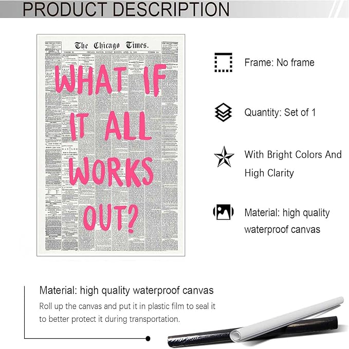 Drimiler What If It All Works Out Poster Retro Newspaper Pink Font Canvas Wall Art Positive Affirming Quote Minimalist Prints Painting For Home Bedroom Dorm Wall Decor 12x16in Unframed