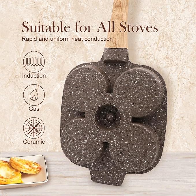 Ceramic Egg Frying Pan with Lid, Nonstick 4 Cup Fried Egg Pan - Brown | Detachable Handle, Omelette Pan Induction Compatible
