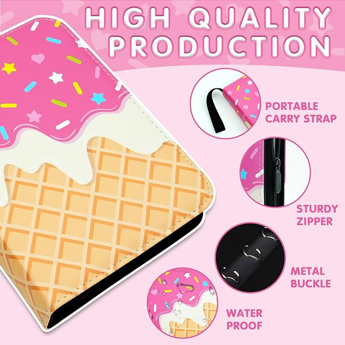 Cute Ice Cream Cake Card Binder for Girls, 400 Pocket Card Album Gifts, Ice Cream Donut Trading Game Card Holder Album for Standard Size Cards, Collectible Game Collection Case (PInk)