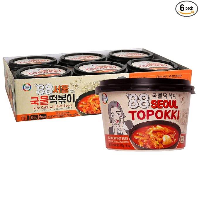 Surasang Korean Tteokbokki Cup, Korean Street Food | Classic Sweet & Spicy Sauce, Instant 2-Minute Microwave Meal, Traditional Tteokbokki Rice Cakes, 6 oz, Pack of 6