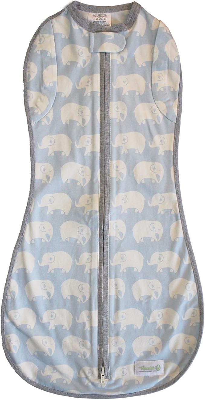 Woombie Convertible Nursery Swaddling Blanket - Swaddle Converts to Wearable Blanket for Babies Up to 3 Months (Kiss Elephant Blue, 5-13 lbs)