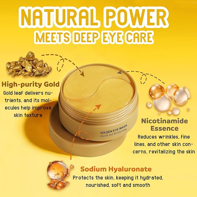 60 Pcs Golden Eye Mask, Under Eye Patches for Dark Circles & Puffiness - Moisturizing Nourishing Eye Treatment, Improves Dryness/Fine Lines/Wrinkles, Perfect for Daily Care & Ideal Gift for Women
