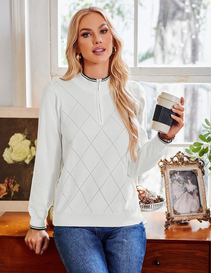 JACK SMITH Quarter Zip Pullover Sweaters for Womens, Rib Polo Sweater Tops | V Neck,Knit,Long Sleeve,Argyle,Open Pattern,Callar,Lightweight,Fashion,Golf Work Business Daily Wear Versatile Pullover Shirt