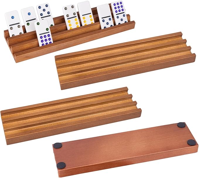 Wooden Domino Racks Set of 4, Domino Tiles Trays and Holders Organizer for Mexican Train and Other Games