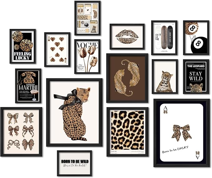 ANERZA 16 PCS Framed Leopard Wall Art Decor, Cheetah Wall Prints for Bedroom, Preppy Gallery Wall Frame Set, Trendy Posters for Living Room Aesthetic, Funky Collage Kit, Dorm Artwork
