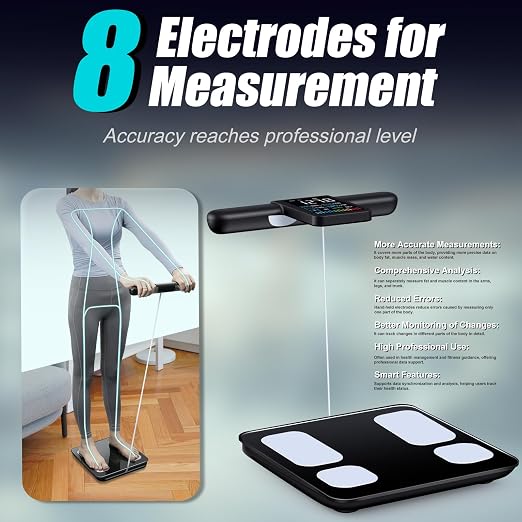 KUAIVO 8-Electrode Smart Body Fat Scale with Handle, 28 Body Metrics, Segmental Measurements for Arms/Legs/Torso for Arms/Legs/Torso, Large Display, App Sync, 180kg/400lbs