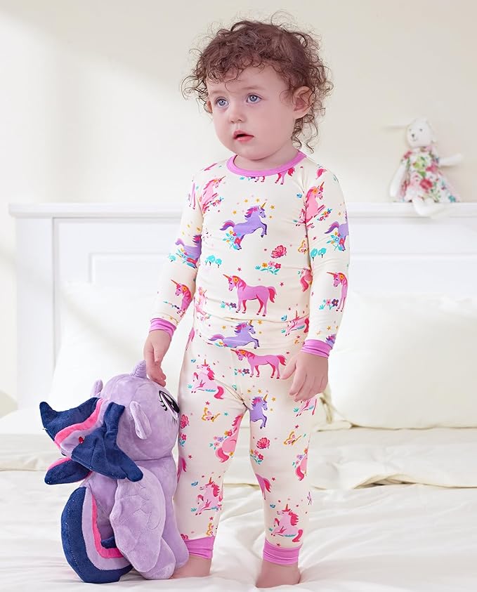 Bamboo Viscose Toddler Girls Kids Pajamas Unicorn Mermaid Pjs Long Sleeve Snug fit 12M-8Y 2pcs Soft Jammies
