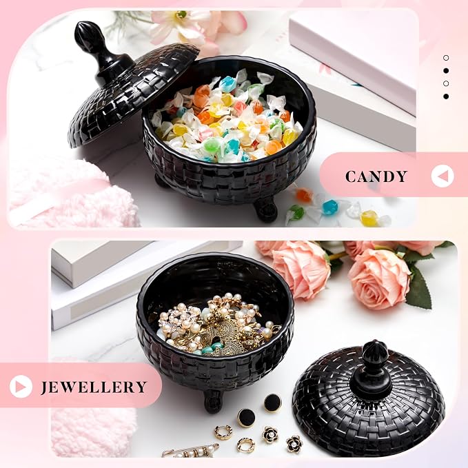 Tioncy 2 Pcs Extra Large Dusting Powder Puff and Container for Women-6'' Glass Crystal Dusting Powder Container with Body Soft Washable Reusable Velour Face(Black,Weave Design)