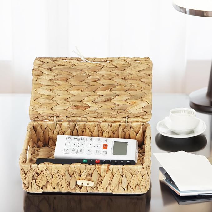 Water Hyacinth Wicker Storage Basket with Lid, X-Small | 9 x 5.1 x 3 Inch Box, Shelf Organizer, Rectangular Woven Bin, Small Item Storage, Natural Home Decor