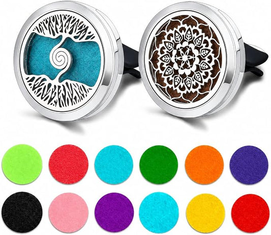 2 Pack Car Vent Essential Oil Diffuser Clips, Silver Tree of Life Air Freshener Vent Clips with 30 Colorful Felt Pads, Reusable Metal Car Aroma Diffuser for Essential Oils, Perfume