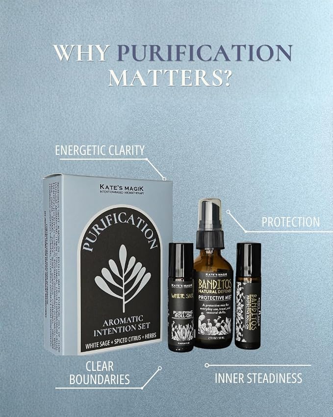 Kate’s Magik Purification Aromatic Intention Set, Protective Mist and Roll-Ons, White Sage, Juniper and Cedarwood, Wearable Aromatherapy for Clarity and Refreshing Rituals