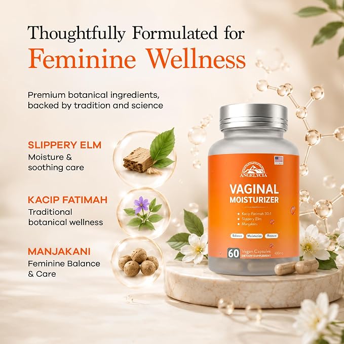 ANGELYCIA Natural Probiotic Vaginal Moisturizer Pills for Women – Slippery Elm Feminine Care Supplement for Vaginal Moisture, Dryness Relief & Healthy pH Balance Support