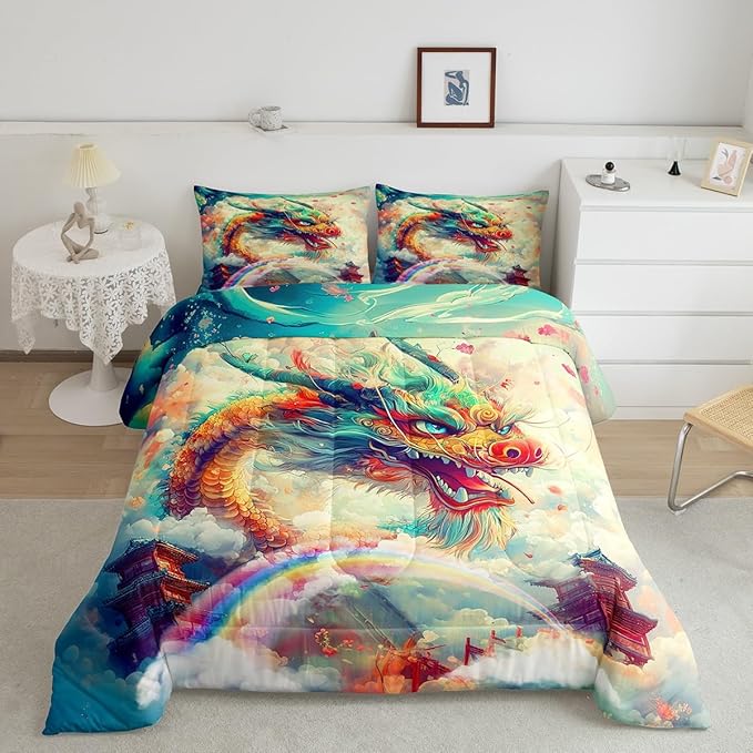 Feelyou Dragon Comforter Set Twin Size Dragon Stuff Comforter for Boys Girls Teens Wild Life Bedding Set Dragon Decor Duvet Set Room Decor Rainbow Quilt Set