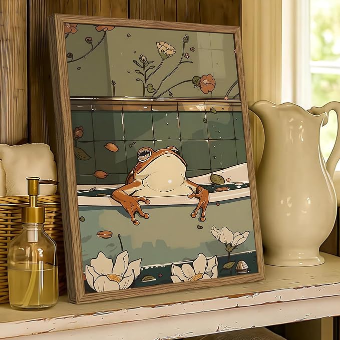Funny Japanese Frog Bathroom Wall Art Whimsical Frog in Bathtub Wall Decor Painting Cute Animal Bathroom Poster Canvas Print Picture 16x24 inch Wood Framed