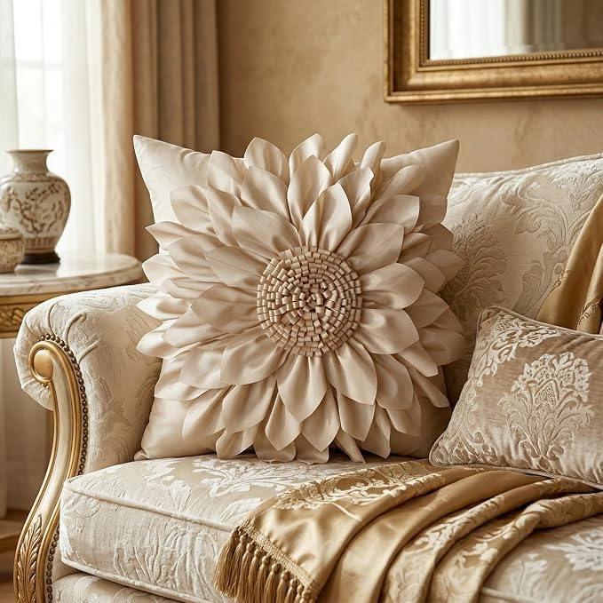Beige Taupe Accent Flower Decorative Throw Pillow Covers for Bed Sofa Couch | Bella's Giftshop Handmade Sunflower Taffeta Pillow Cases Living Room Bedroom Decor, 18x18 Inch