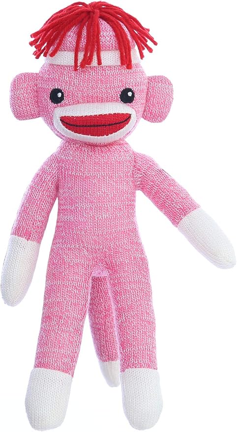Plushland Adorable Sock Monkey 8 Inches Tall - Soft Realistic Plush Knitted Stuffed Animal Toy Gift - for Kids, Babies, Teens, Girls and Boys(Pink)