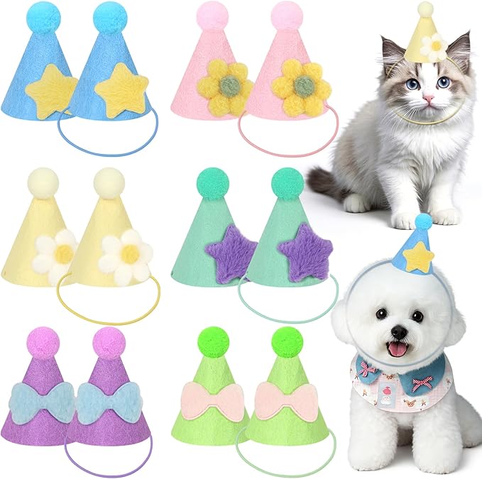 12pcs Mini Party Hats for Stuffed Animals, Macaroon Hats with Pom Pons for Dolls Dog Cat Rabbit Puppies Assorted Animal Birthday Decorations