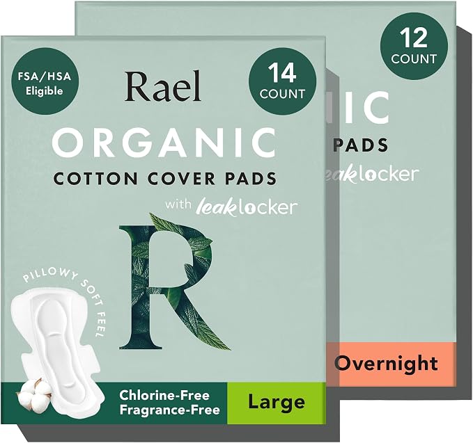 Rael Pads for Women, Organic Cotton Cover - Heavy Absorbency, Feminine Care, Ultra Thin, Sanitary Napkins with Wings, Unscented, (Overnight, Large) Bundle