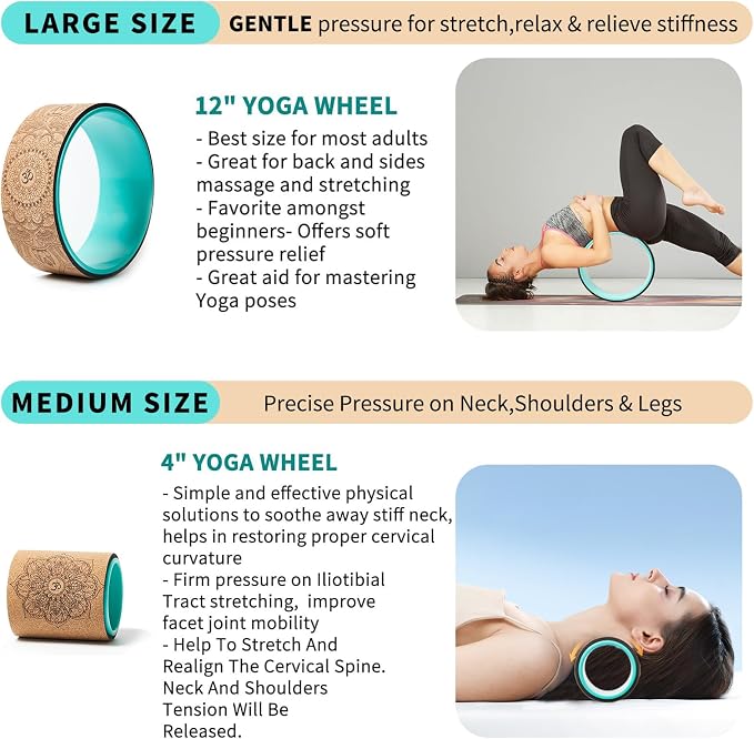 Yoga Wheel Set, Upgraded Back Wheels for Pain Relief & Stretching, Strongest Back Roller for Deep Tissue Massage, Improving Yoga Poses Backbend (CORK)