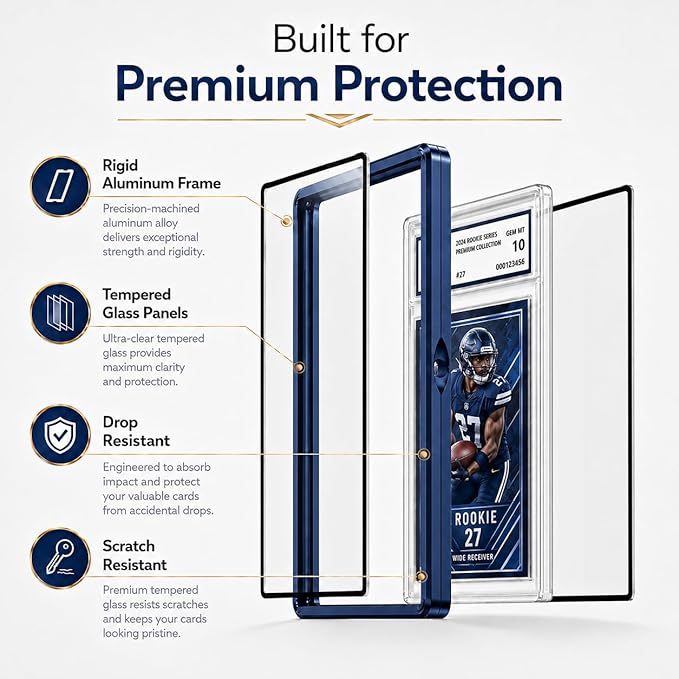 Magenetic Trading Card Slab Protector - Premium Aluminum Graded Card Showcase, Graded Slab Protector with UV-Resistant Tempered Glass, Personalized Slab Bumper for Collectors, Dark Blue