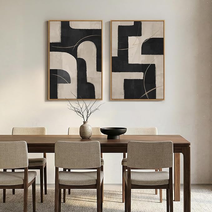 Large Framed Neutral Black and Beige Abstract Wall Art Set of 2, 24x36 In | 2 Piece, Canvas prints, Black beige paintings, Modern minimalist artwork, Geometric pictures, Living room bedroom wall decor