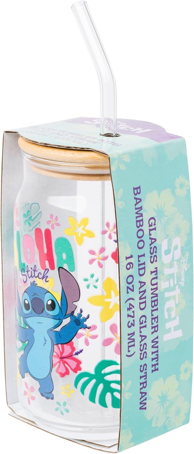 Silver Buffalo Disney Lilo and Stitch “Aloha” Tropical Hawaiian Glass Jar Tumbler with Bamboo Lid and Glass Straw, 16 Ounces
