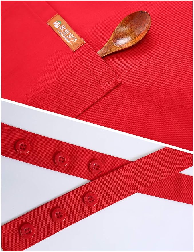 NEWGEM 100% Cotton Cross Back Apron for Women with 2 Pockets - Adjustable Button Straps Pinafore, No Neck Pain Kitchen Chef Apron for Cooking, Catering, Housewife (Red)