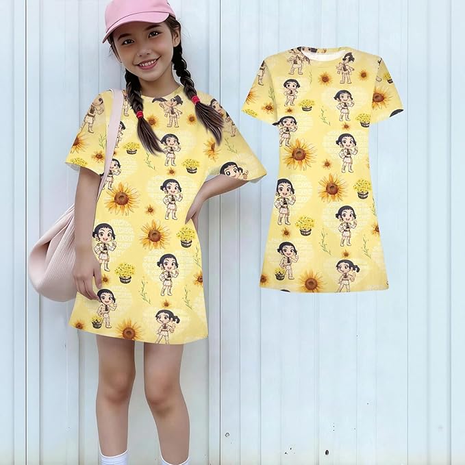 Girl's Anime K-POP Graphic Long Dress T-Shirt - Casual Loose Fit Short Sleeve Top