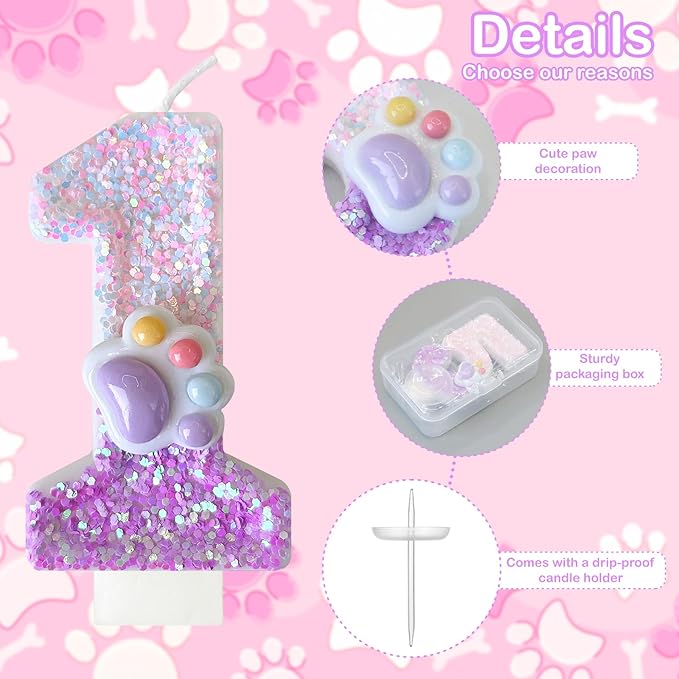 Pink Cat and Dog Paw Birthday Number Candles, Cupcake Decorations, Dog Theme Candles, Suitable for Party Celebrations, Birthday Decoration Supplies (Number 1)