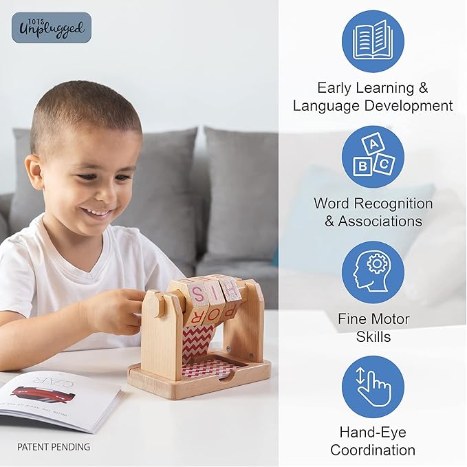 Real Wood Spin and Read Montessori Phonetic Reading Blocks Combines Spelling Blocks with Phonics flashcards for a Frustration Free Spelling for Kids and Beginner CVC Reading
