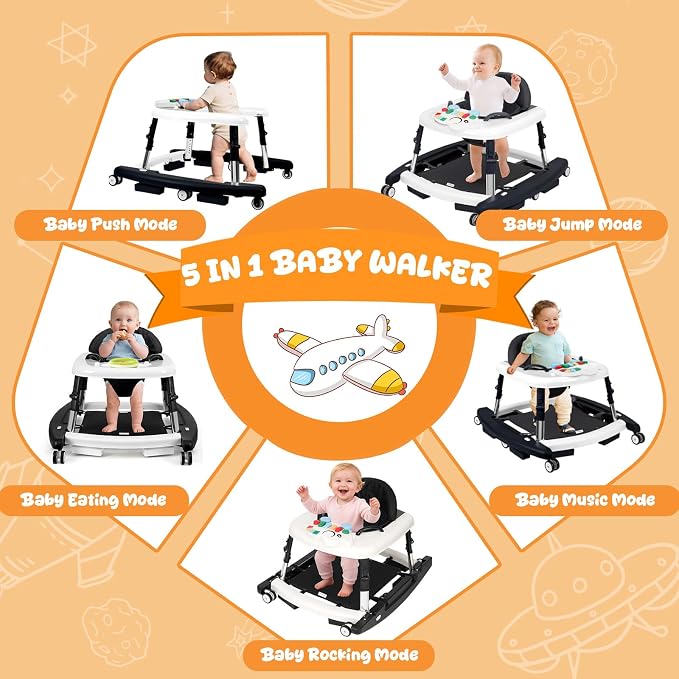 5-in-1 Baby Walker for Boys and Girls Music and Lights 6-18 Month, Foldable Baby Walkers with 5 Adjustable Heights, Infant Toddler Walker with Wheels and Combo Portable(Black)