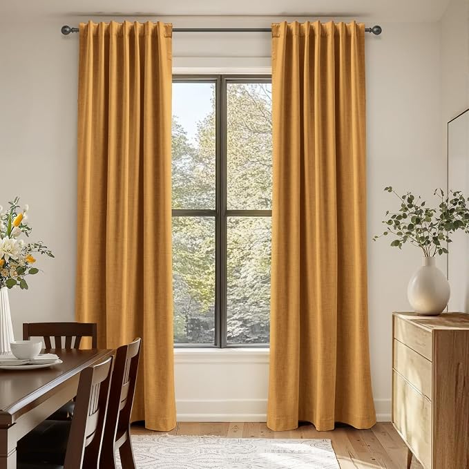 100% Blackout Shield Linen Blackout Curtains for Bedroom 90 Inches Long,Back Tab/Rod Pocket Living Room Drapes,Thermal Insulated Textured Blackout Curtains 2 Panels Set,50" W x 90" L,Mustard Yellow