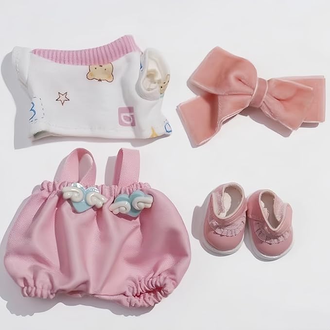 Clothes for Labubu, 4-Piece Includes a top, Pants, Bow Hair and Shoes Accessories Outfit Set for Labubu Doll - 17cm Dolls Clothes Cute & Pink Suit(NO Doll)