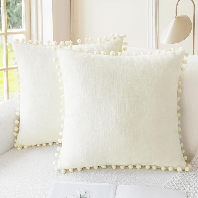CaliTime Decorative Couch Throw Pillow Covers 20 X 20 Inches Cream | Pack of 2, Cozy Chenille Cushion Cases, with Pom Poms for Sofa Bed Living Room Farmhouse Home