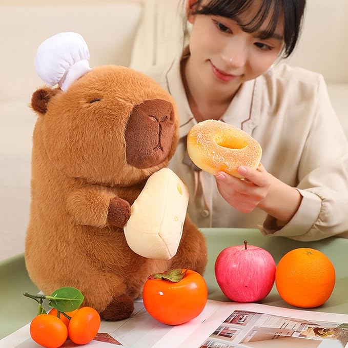 Capybara Plush with Cooking Chef Hat Holding Cheese 9.8 inch Cute Capibara Stuffed Animal Ultra Soft Plushies Toys Kawaii Gifts for Kids Brown