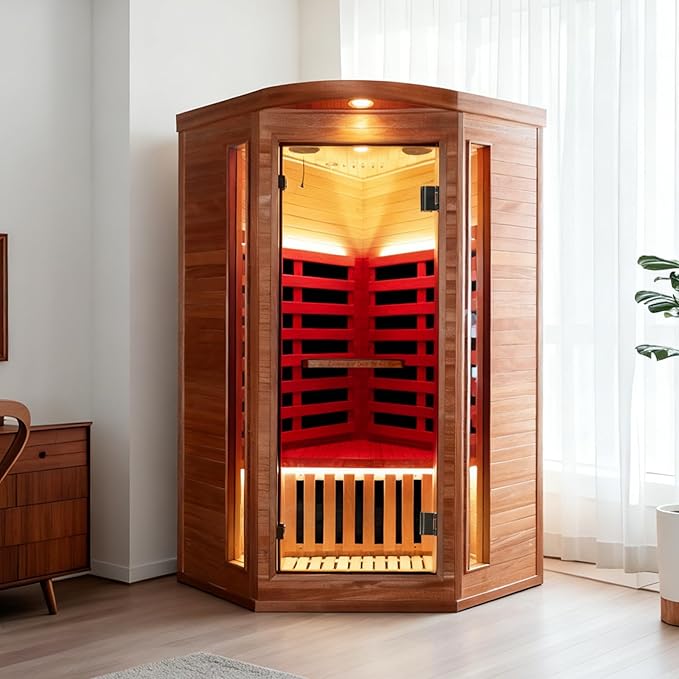 OUTEXER Corner Sauna for One Person Far Infrared Sauna Low-EMF African Mahogany Wood 1300W Indoor Saunas Wood Wax Oil on Outer Surface 37 * 37 * 71Inch