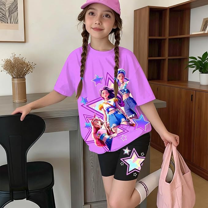 K-POP DEM0N Hunters Outfits for Girls, 2 Piece T-Shirts and Apparel Sets Birthday Gift