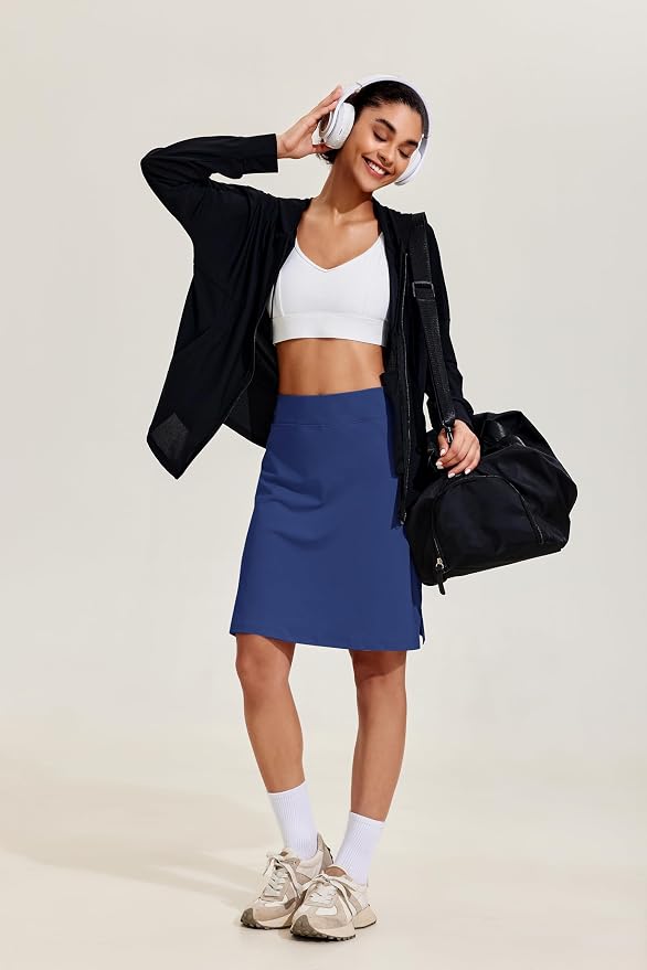 COOrun Women's 20" Knee Length Skirts High Waisted Golf Skorts with Pockets | Soft, Quick Dry, Split Hem, Built-in Shorts, A-line, Modest Skirts, for Golf Athletic Tennis Work Casual