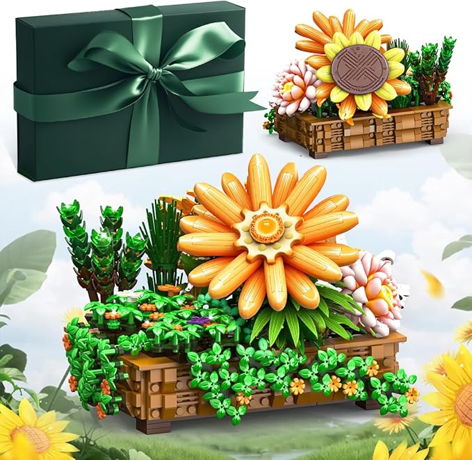 BIGEARN Flowers Bonsai Building Set - DIY Artificial Sunflower Botanicals Collection for Adults, Indoor Plant for Desk & Home Decor, Gift for Girls, Wife & Mother