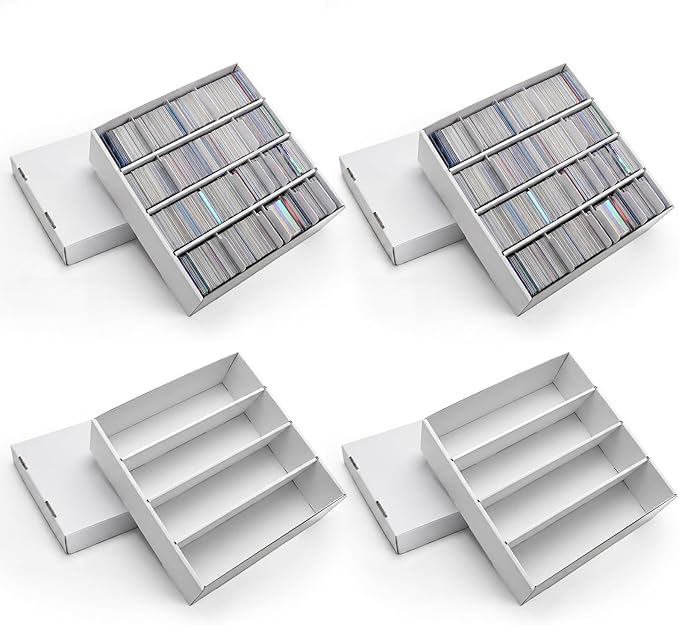 RLAVBL 4 Pack Trading Card Storage Box, 3200 Count Cardboard Card Boxes with Dividers for Sports, MTG, TCG, Toploader, 4 Row