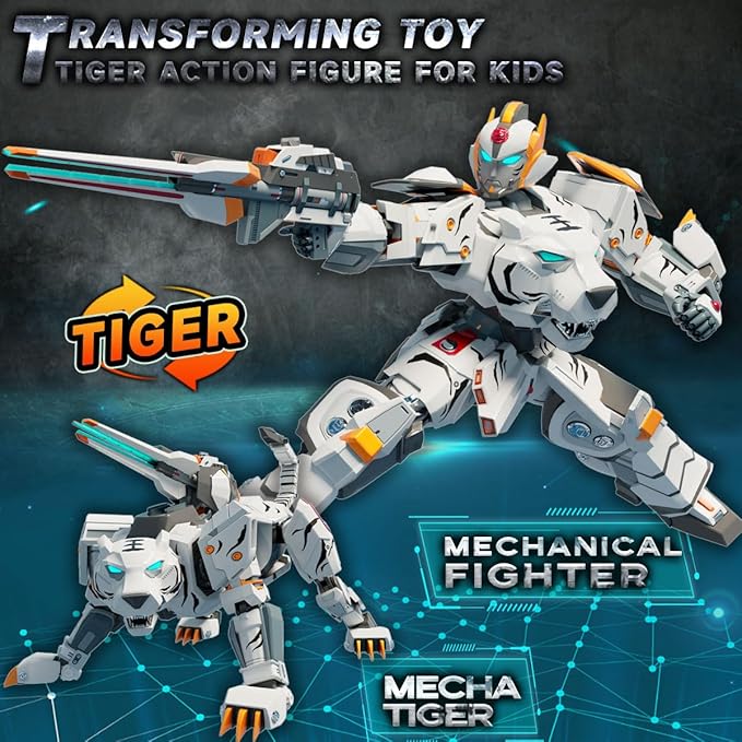 Wenbeier Animal Transforming Robot Toys 10 Inches Tiger Action Figure for Kids Deformation Assembly Robot for Boys & Girls Ages 6 7 8 9 10