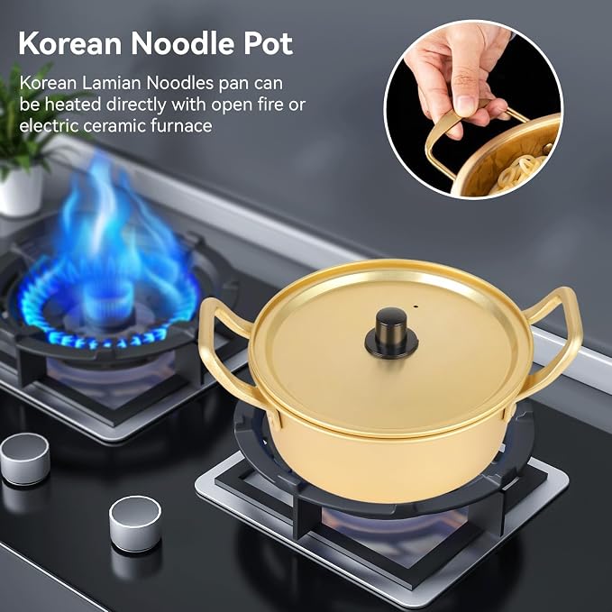 Korean Ramen Pot, Aluminum Noodle Pot with Lid Portable Korean Cookware Traditional Hot Pot Korean Noodle Cooker Fast Heating for Ramen, Soup, Pasta, Camping, Gold, 16cm