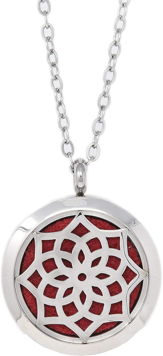 Aromatherapy Essential Oil Diffuser Stainless Steel 30MM Silver Locket Pendant 2 Sizes Chain Necklace, Refill Pads & Diffuser Bracelet in a Velvet Bag (flower2)