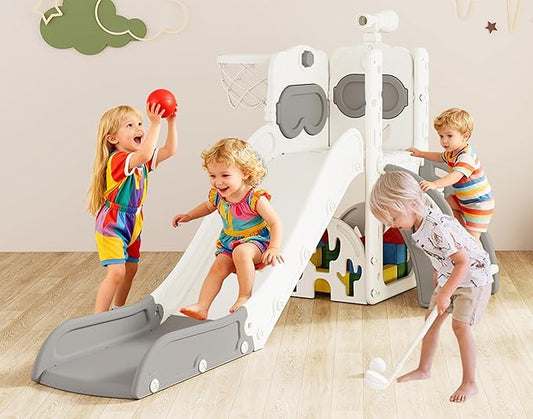 8-in-1 Toddler Slide, Indoor Slide for Toddlers Ages 1-3 and Indoor/Outdoor Play Set Playground with Storage, Climber, Telescope, Golf Set, Drawing Set, Basketball Hoop Bear Theme
