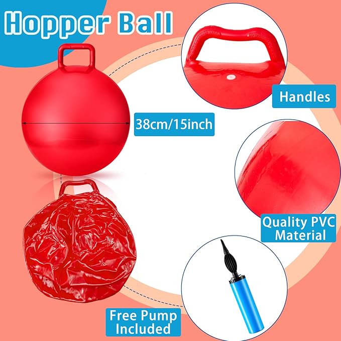 Lewtemi 3 Pcs 15 Inch Bouncing Ball with Handle, Outdoors Hopper Jumping Hopping Ball and Air Pump for Sports Exercise (Red, Blue, Green)