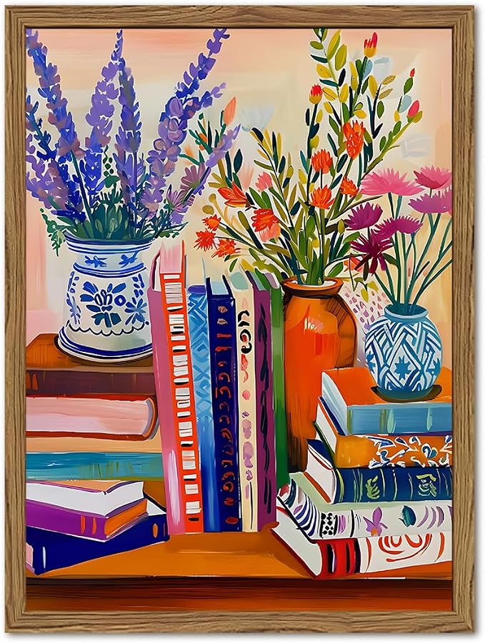Vintage Floral Book Wall Art Color Book Still Life Wall Decor Painting Pictures Fashion Flower Bookshelf Poster Canvas Print Artwork for Bedroom Living Room 12x16 inch Wood Framed
