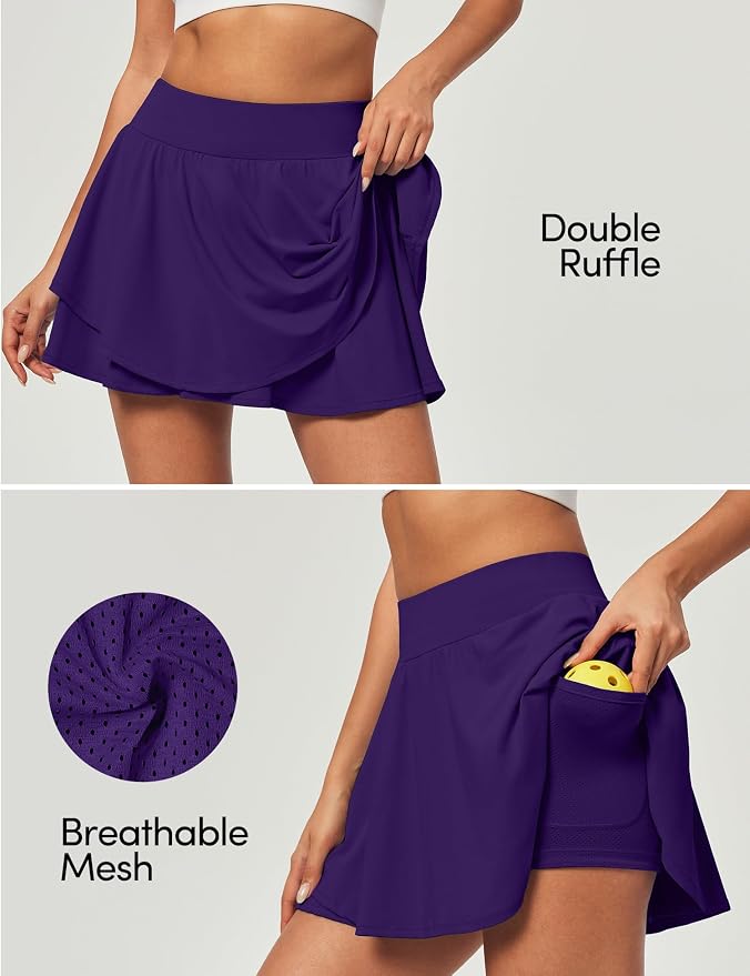 IUGA Tennis Skirt Pleated Skorts for Women with Pockets Skirts for Women | Double Ruffle Skort , Built-In Shorts, 2 Pockets, Tummy Control Breathable, Quick-dry, for Golf, Athletic, Running, Workout
