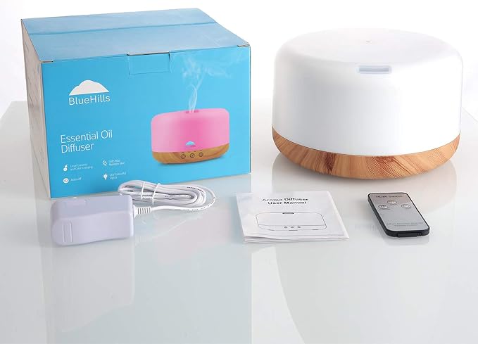 BlueHills Premium 1000 ML XL Essential Oil Diffuser Aromatherapy Humidifier with Remote Timer for Large Room Home 18 Hour Run Huge Coverage Area 1 Liter Mood Light Extra Large Capacity Wood Grain D004
