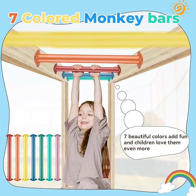 16 Inch 7 Colors Steel Monkey Bars Ladder Rungs Set for Backyards Playground and Children Indoor and Outdoor Climbing Kit (7 Pack)